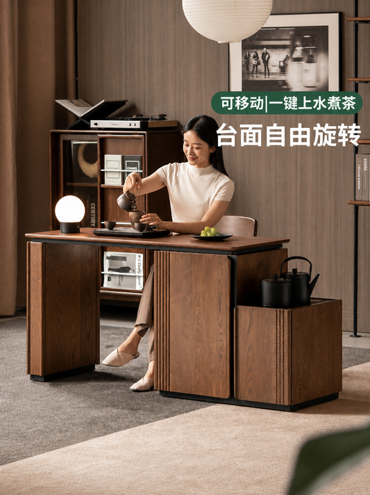 实木茶水柜客厅意式轻奢可移动旋转茶台阳台胡桃色茶桌