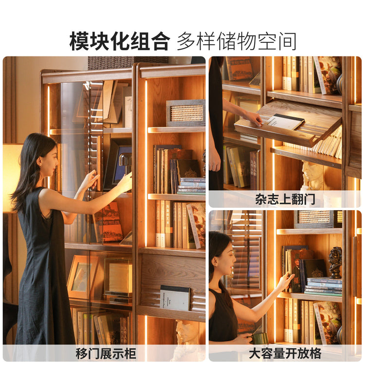 浅胡桃色实木书柜一体靠墙书房白蜡木展示柜落地储物柜