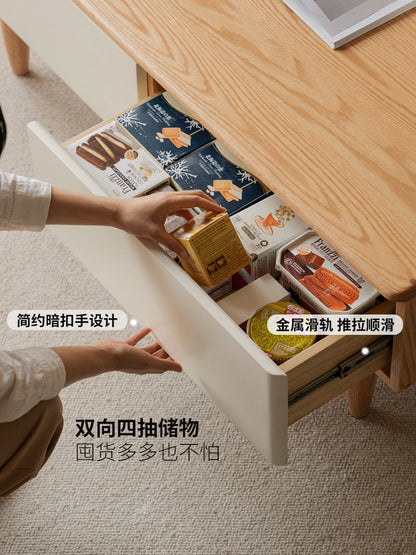 实木茶几电视柜组合客厅原木白色茶台带抽屉橡木茶桌