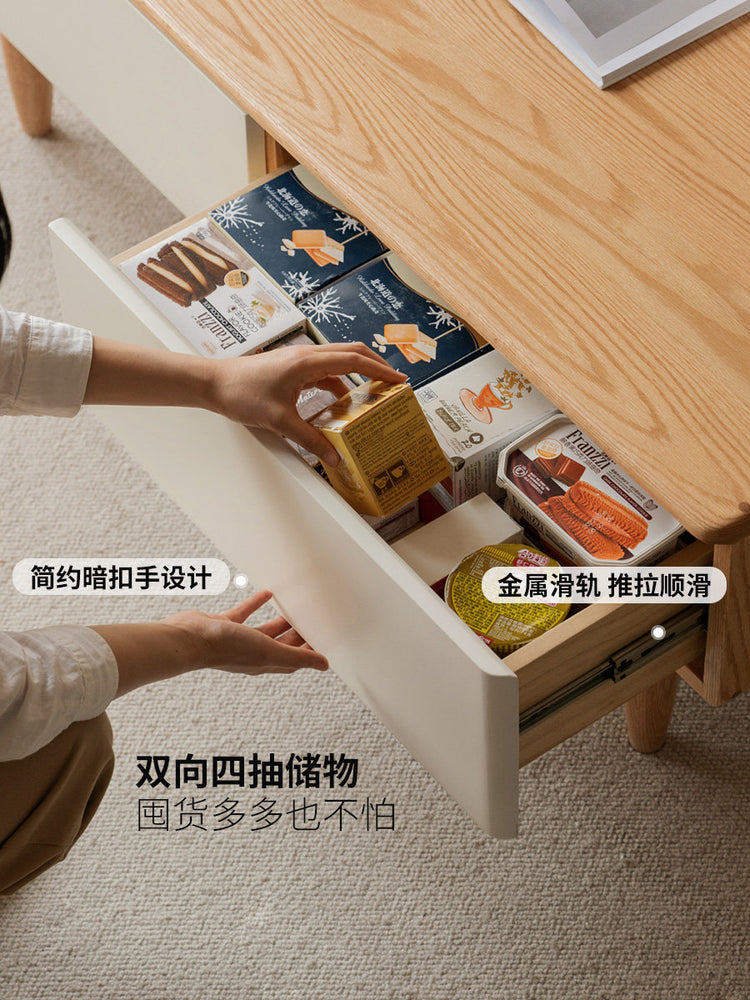 实木茶几电视柜组合客厅原木白色茶台带抽屉橡木茶桌
