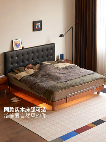 实木床卧室包豪斯真皮床多功能夜灯软靠床中古双人床