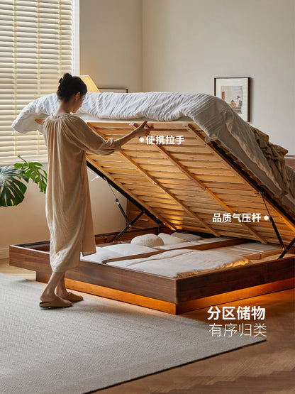 实木床黑胡桃木轻奢悬浮床高箱床夜光储物床收纳床双人床