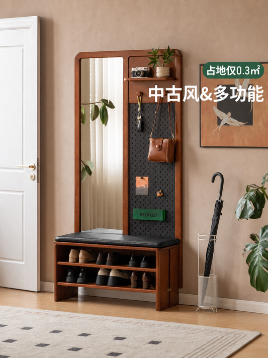 实木换鞋凳客厅中古风门口多功能玄关柜挂衣架一体