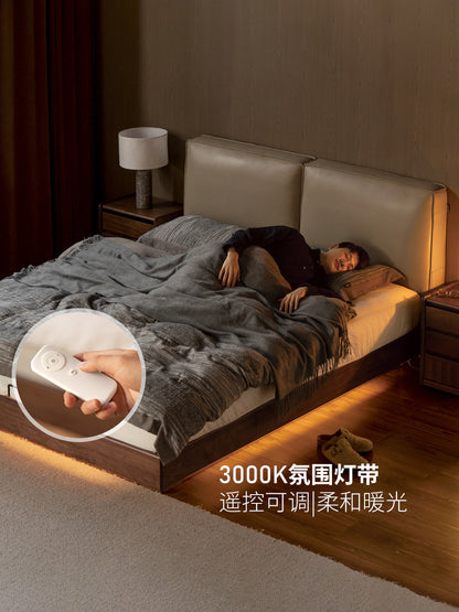 实木床意式轻奢黑胡桃木箱体床卧室带灯悬浮床真皮软包床