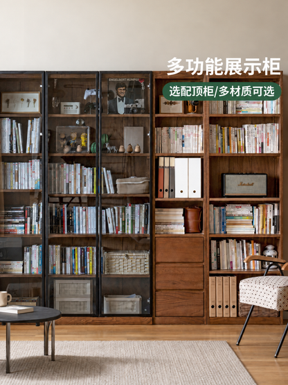 实木书柜现代带玻璃门展示柜北欧简约橡木落地置物柜书架