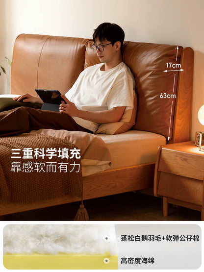 实木床复古樱桃木真皮软包床卧室大床软包双人床1.5米床
