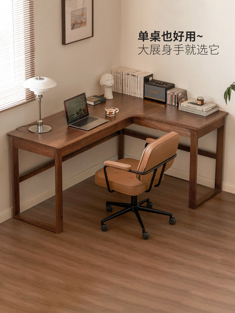 全实木转角书桌书架一体电脑桌小户型橡木办公桌