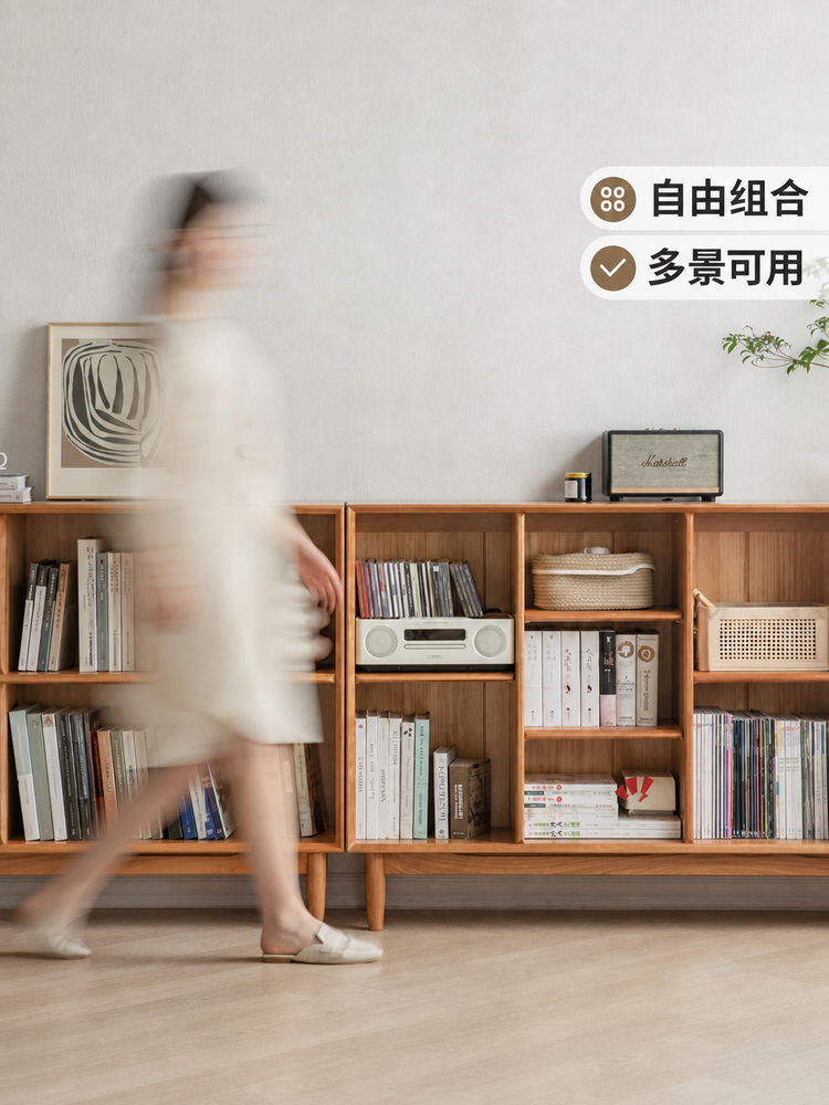 实木书柜收纳柜一体展示柜樱桃木格子柜原木置物架矮书架