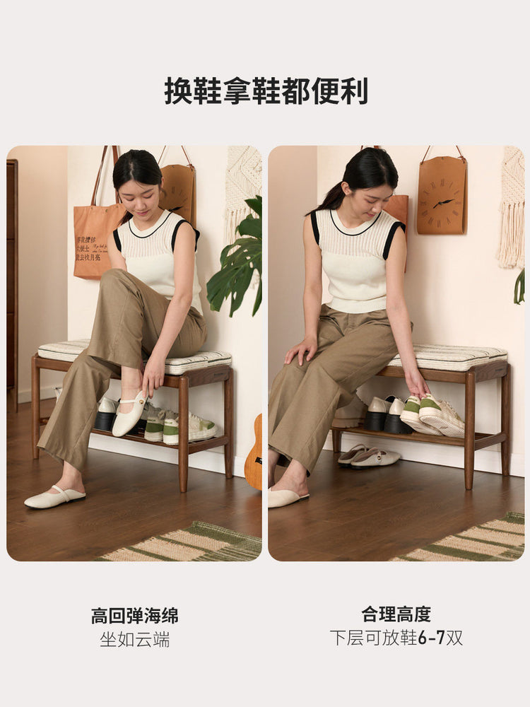 实木换鞋凳客厅中古风沙发脚凳小户型门口户橡木鞋架