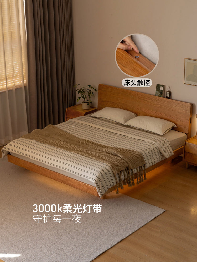 实木床樱桃木复古卧室悬浮床简约带灯双人床可充电斜靠床