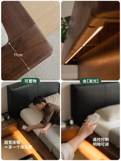 实木床简约真皮软包双人床家具卧室黑胡桃地台床悬浮大床