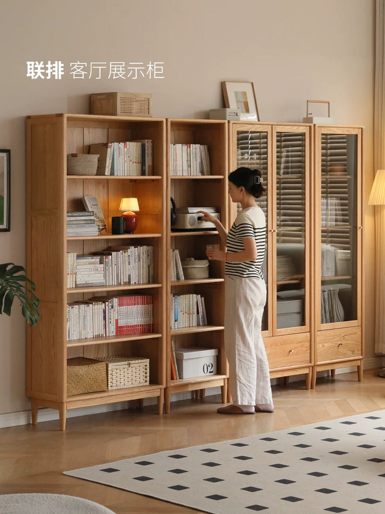 实木书柜现代简约书房橡木置物柜玻璃门一体展示柜