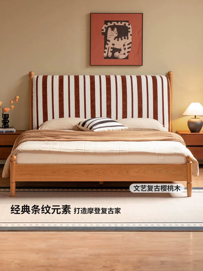 实木床卧室中古双人床可拆洗布艺软靠床樱桃木大床