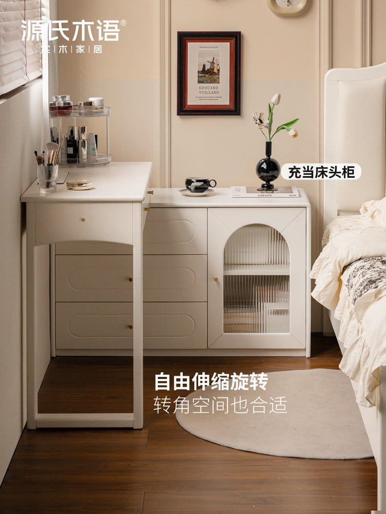 实木化妆桌法式奶油风斗柜梳妆台卧室白色伸缩化妆台