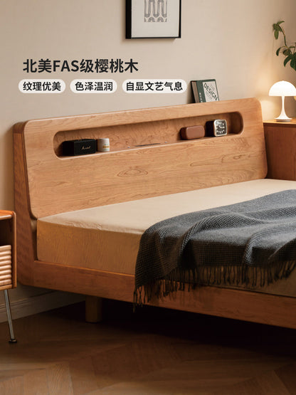 实木床复古樱桃木悬浮床双人床大床卧室带插座夜光床