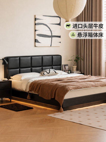 全实木箱体床储物床主卧真皮软靠床复古黑色悬浮床收纳床