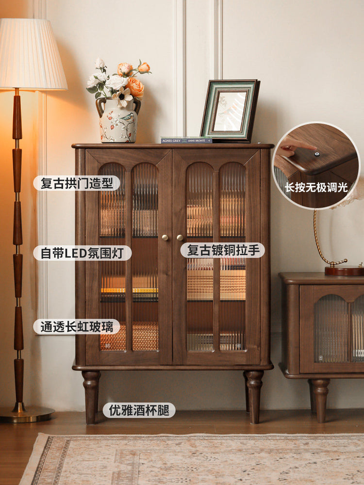 实木边柜客厅美式复古展示柜黑胡桃木中古风陈列柜