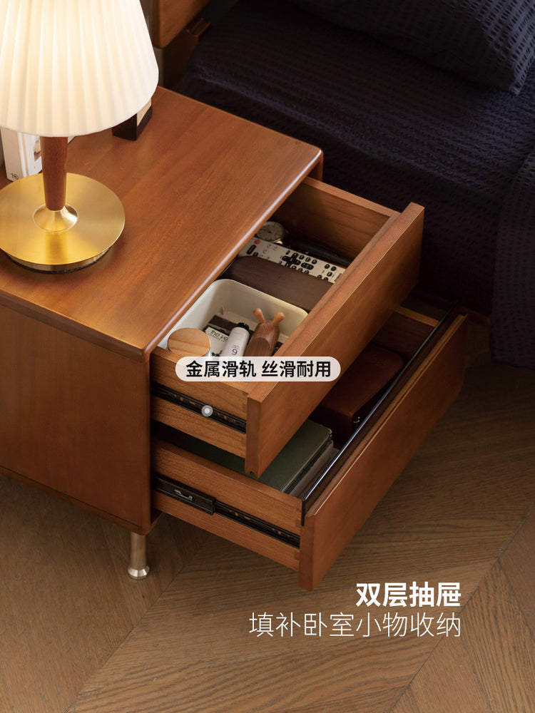 实木床头柜美式复古边柜卧室中古包豪斯带插座置物柜