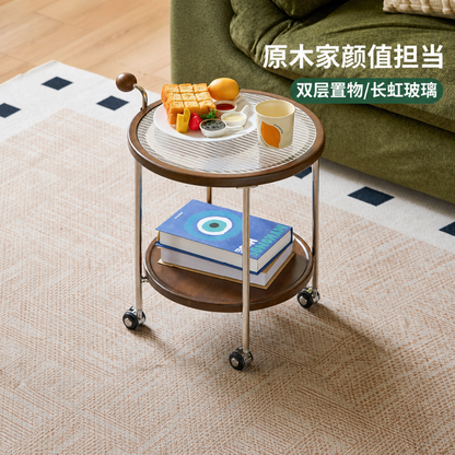 实木边几客厅现代简约移动圆几小户型双层玻璃小茶几