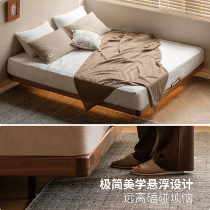 实木床卧室小户型无床头榻榻米简约悬浮床黑胡桃木双人床