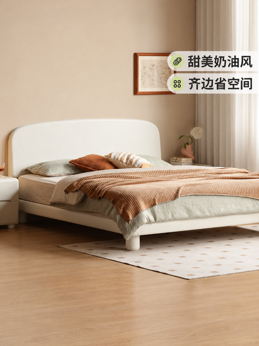 实木床法式奶油风卧室大板床现代简约双人床白色悬浮大床