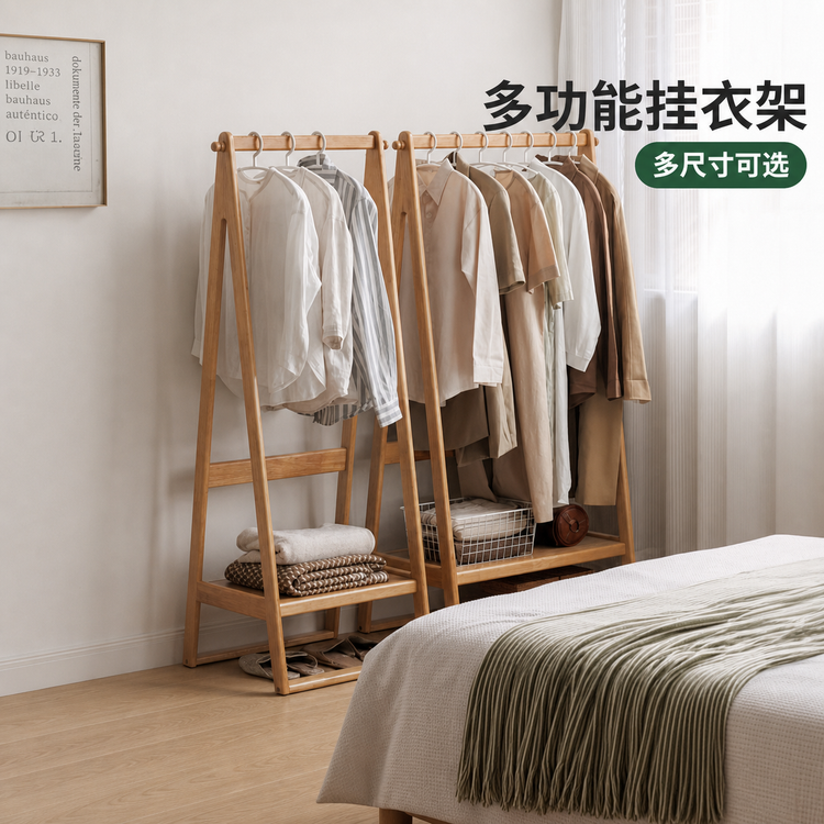 全实木挂衣架北欧简约橡木客厅置物架卧室落地衣帽架