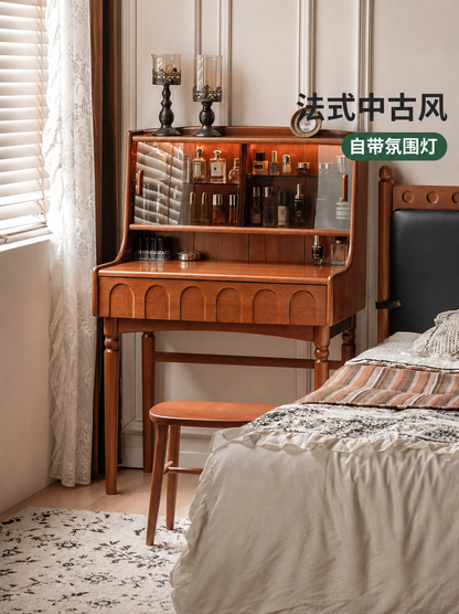 实木化妆桌法式复古多功能梳妆台卧室中古风化妆台