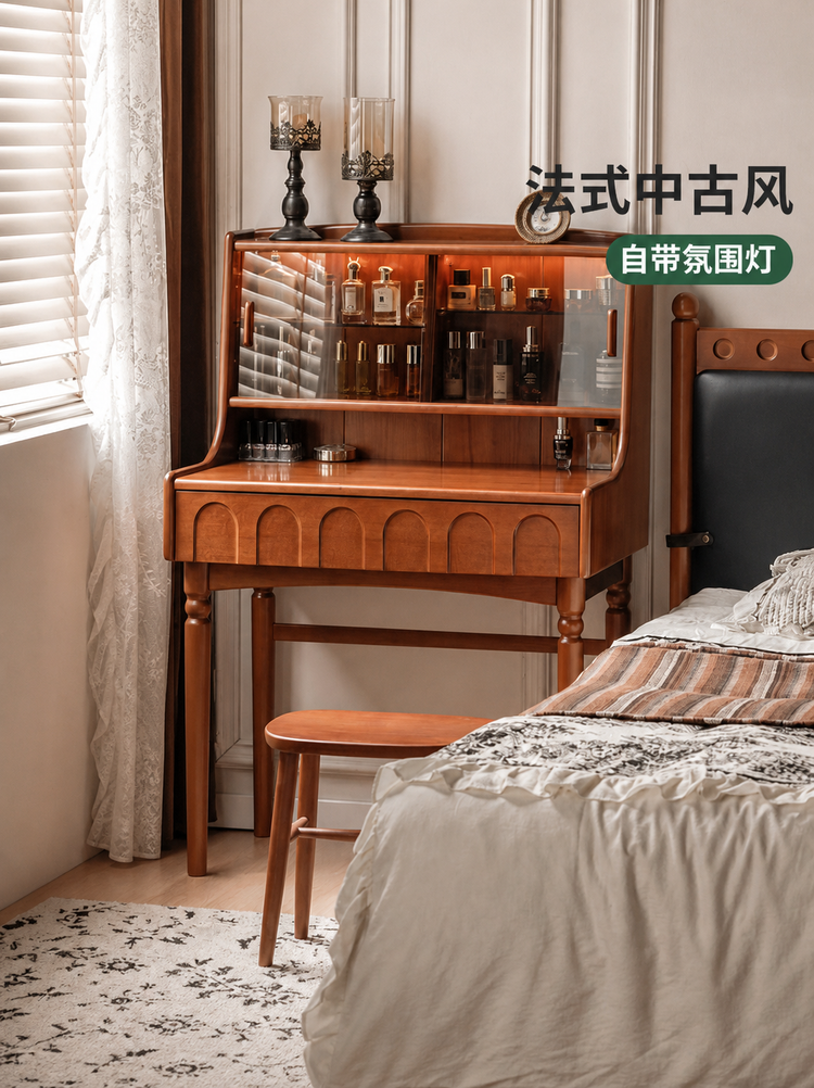 实木化妆桌法式复古多功能梳妆台卧室中古风化妆台