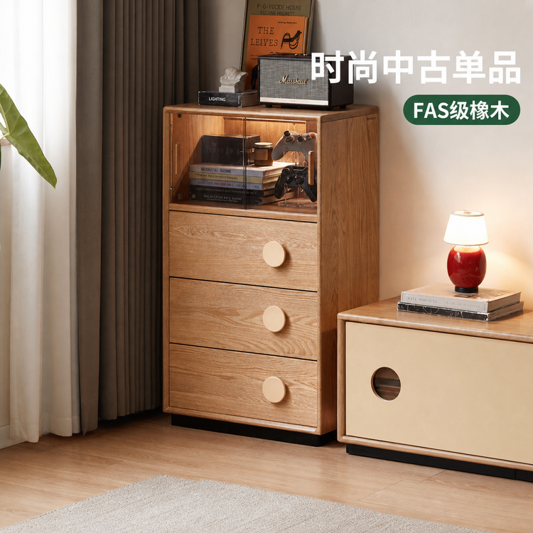 实木边柜客厅中古风抽屉储物柜落地复古置物柜橡木展示柜