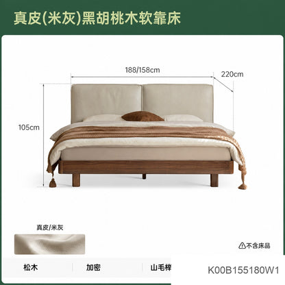 实木床真皮床简约黑胡桃木双人床家居豆腐块床带灯悬浮床