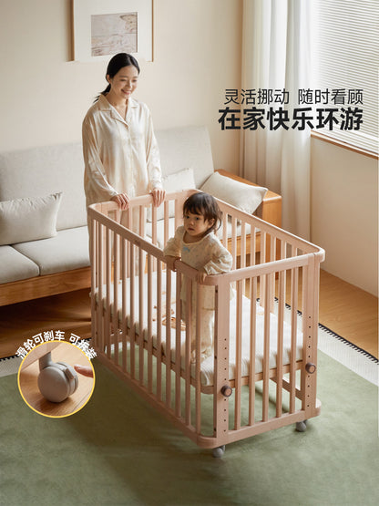 实木婴儿床可移动带滑轮拼接床新生儿宝宝床多功能护栏床