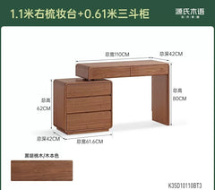 Solid wood vanity and chest of drawers combo, minimalist black walnut telescopic makeup table with storage.