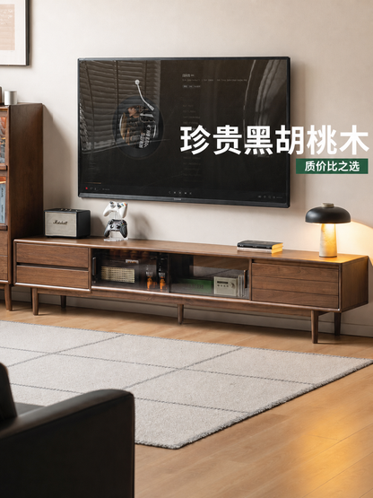 实木电视柜客厅现代简约移门储物柜黑胡桃木收纳地柜