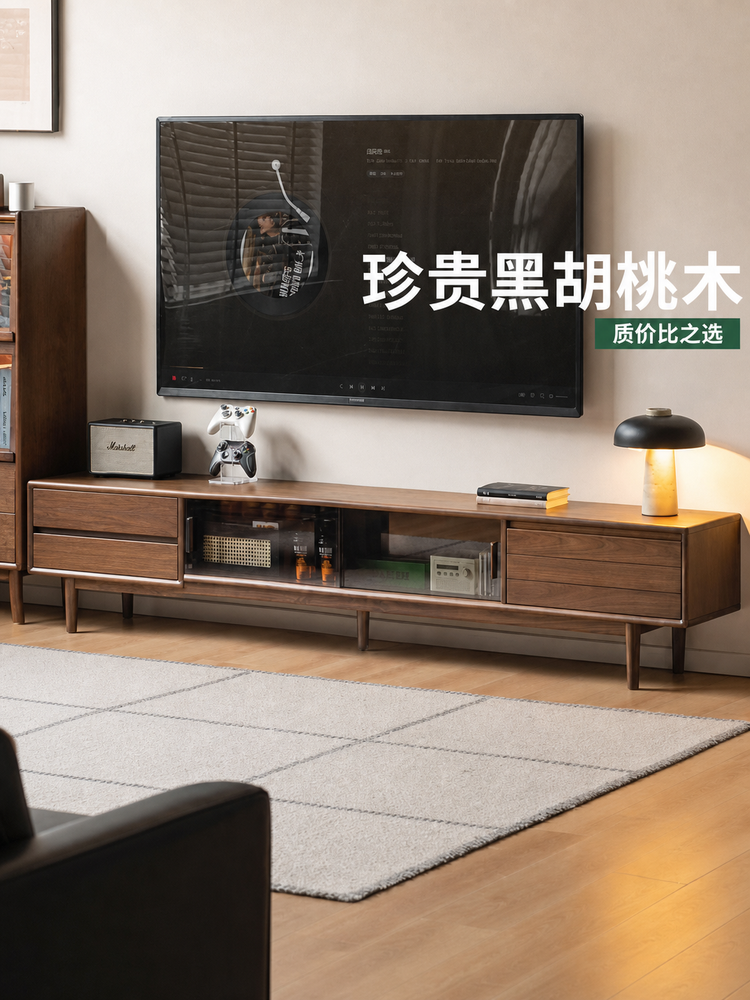 实木电视柜客厅现代简约移门储物柜黑胡桃木收纳地柜