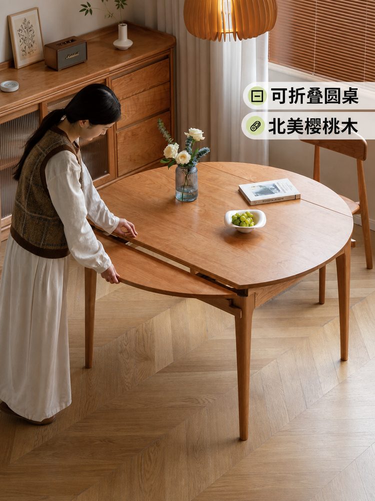 实木折叠餐桌中古樱桃木餐厅伸缩饭桌圆桌吃饭桌子