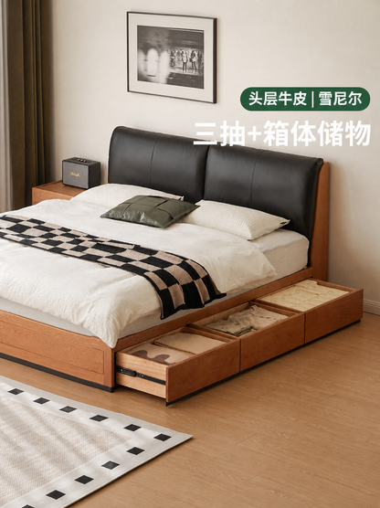 实木床中古卧室箱体床樱桃木收纳储物床抽屉双人床
