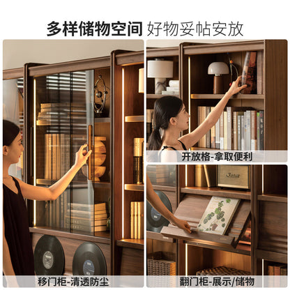 实木组合书柜黑胡桃木落地展示柜书房带灯书架靠墙置物柜