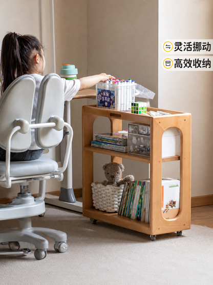 实木儿童蒙氏桌下书柜带轮子可移动小推车置物架收纳架