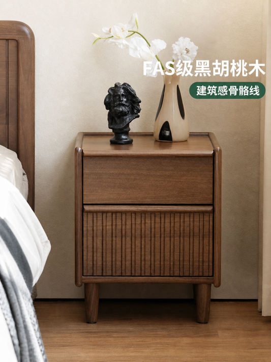 实木床头柜卧室床边黑胡桃木柜子中古风骨骼线储物柜
