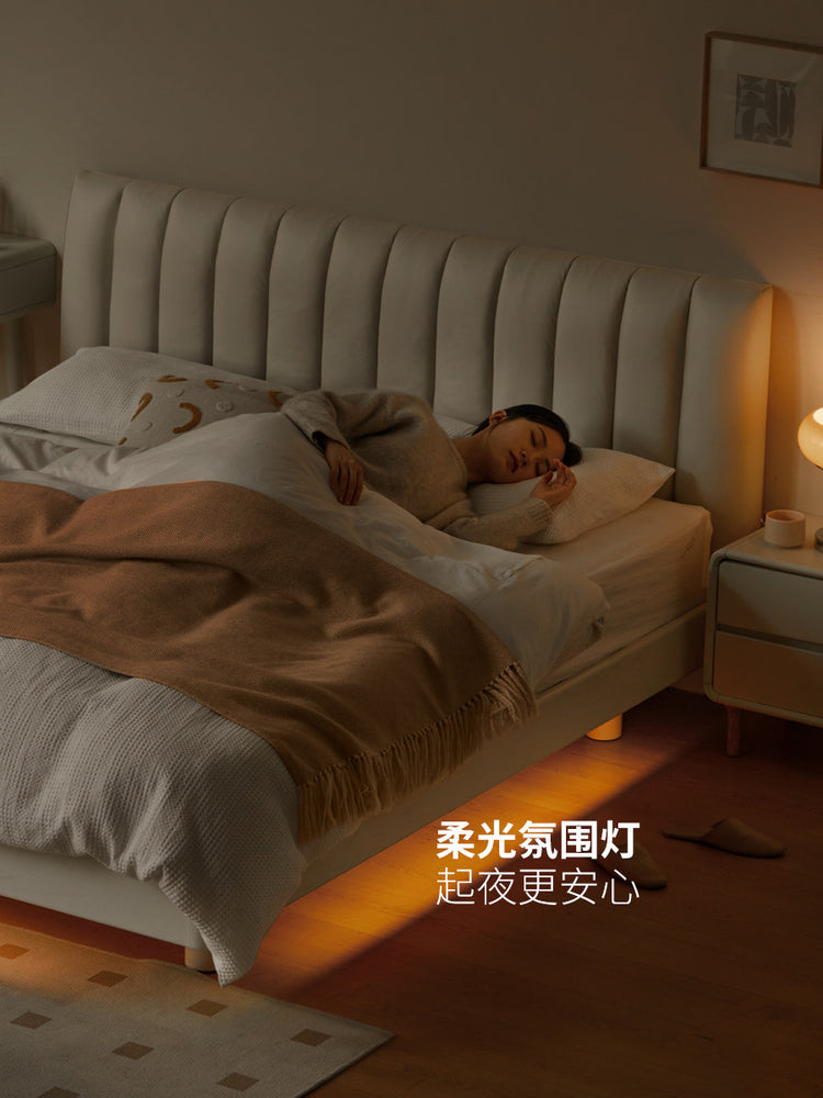 实木床奶油风卧室橡木悬浮床简约科技布软包床白色夜光床