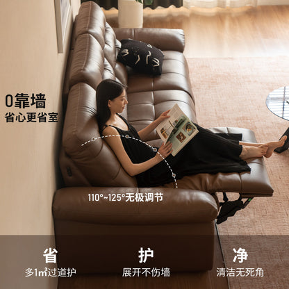 功能意式轻奢棕色真皮沙发客厅黑胡桃木直排沙发