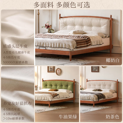 实木床法式复古软包床卧室大床中古真皮床冬夏两用双人床