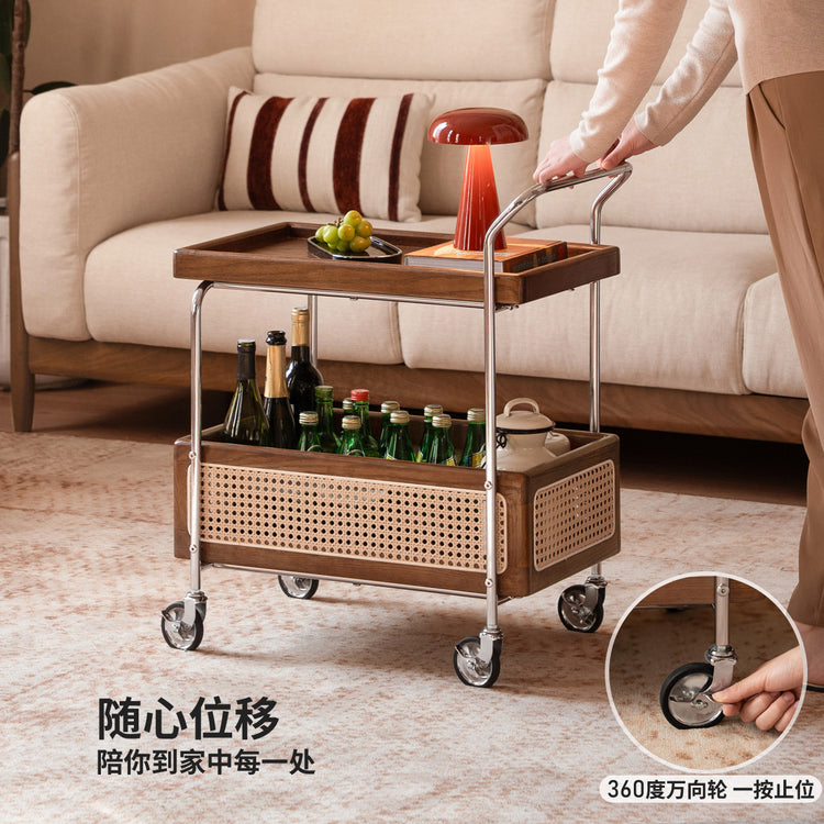 实木边几客厅中古风双层置物小茶几橡木胡桃色移动推车