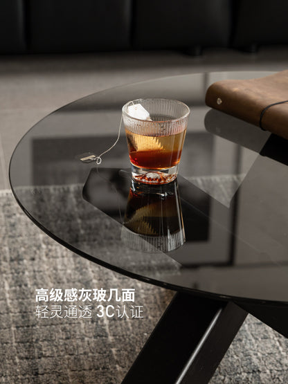 实木茶几客厅意式轻奢玻璃圆几小户型黑色创意茶台