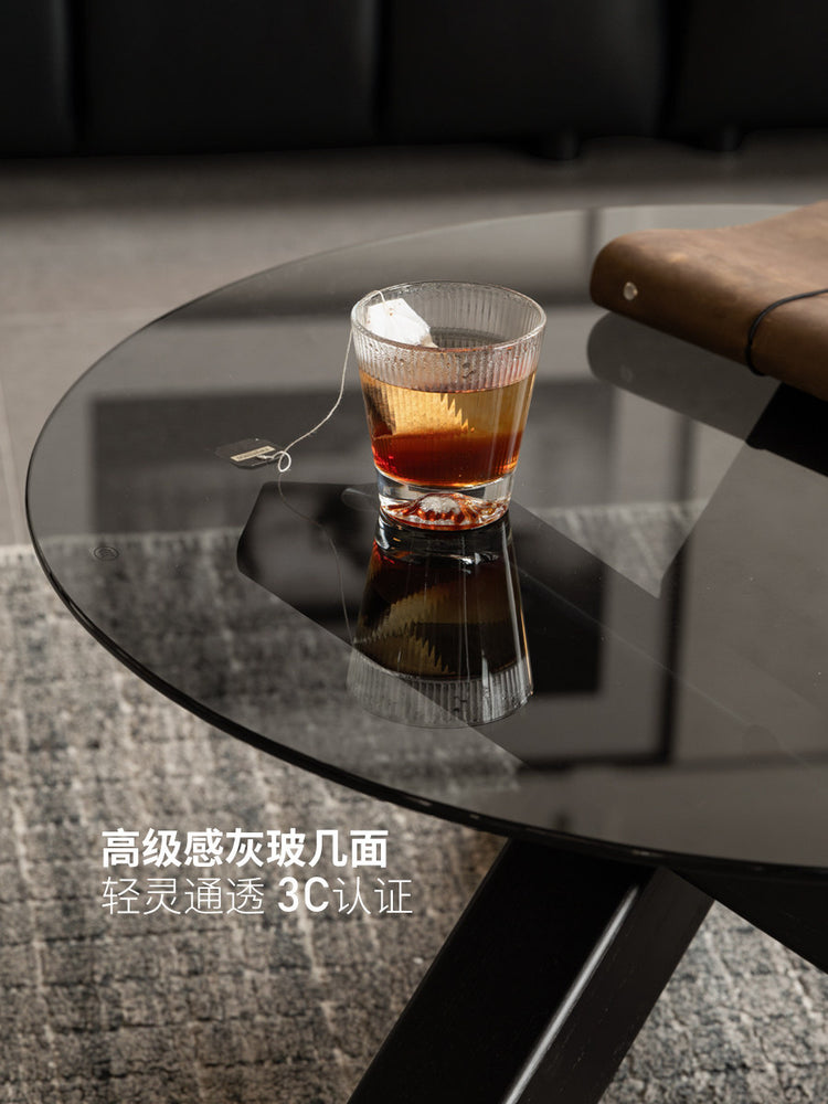 实木茶几客厅意式轻奢玻璃圆几小户型黑色创意茶台