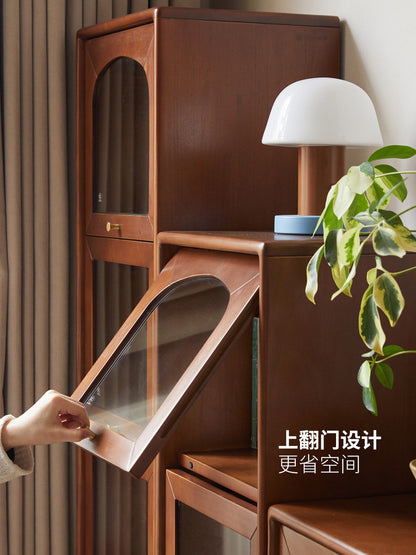 实木书柜中古夹缝收纳展示柜法式复古玻璃门翻门置物柜