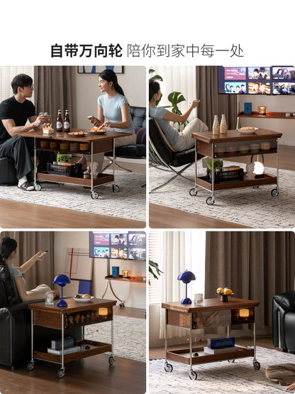 实木折叠茶几客厅现代简约边几橡木胡桃色移动推车