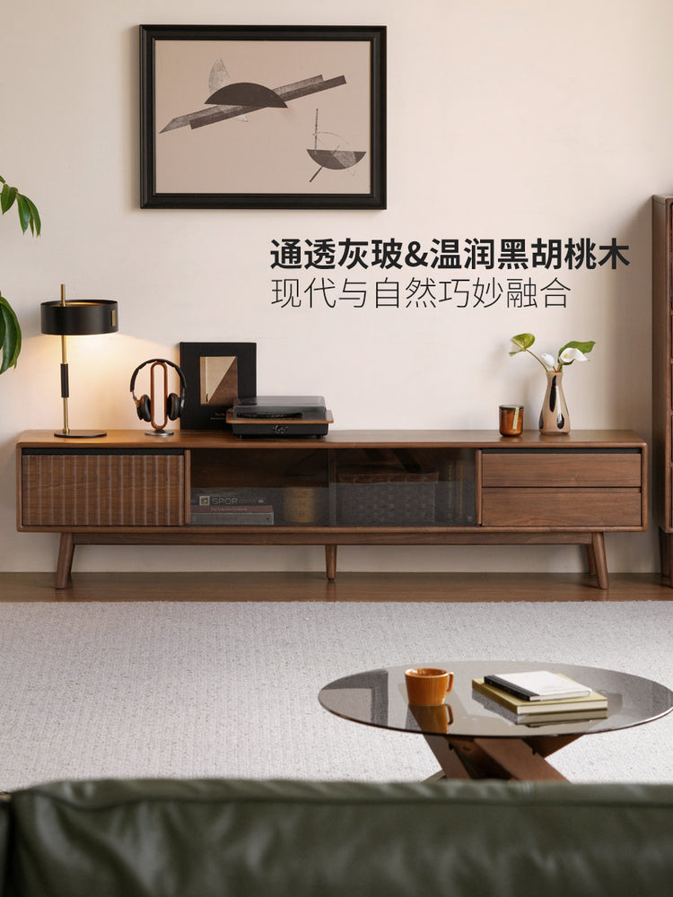 实木电视柜客厅意式轻奢收纳储物移门柜黑胡桃木地柜