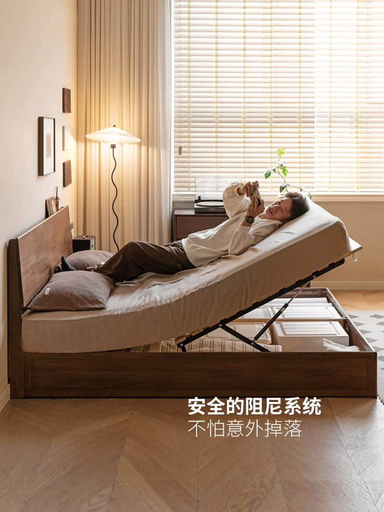 全实木床简约现代黑胡桃木储物箱体床小户型家具双人大床