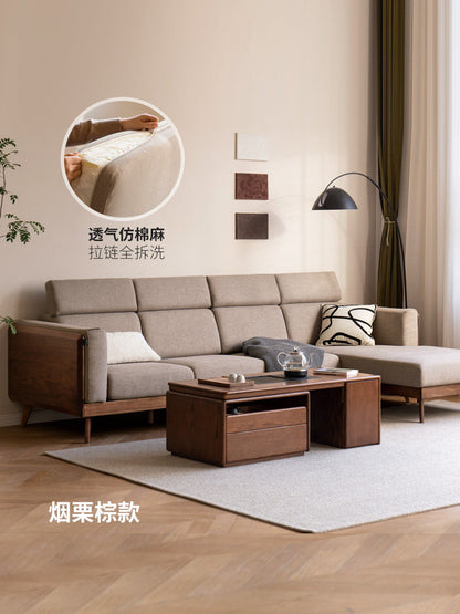 实木黑胡桃木新中式大户型沙发简约客厅转角布艺沙发
